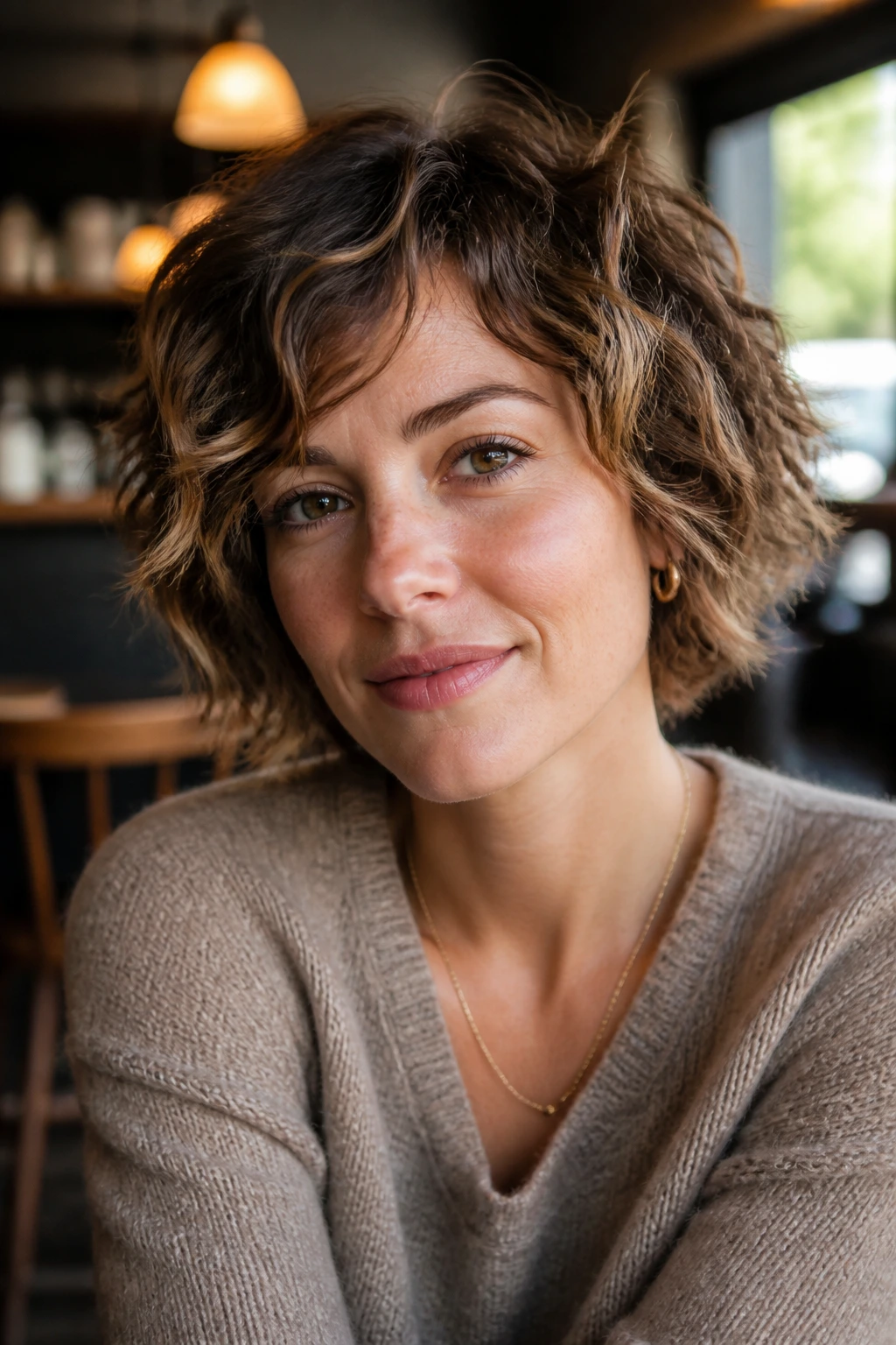Close-up portrait of a real person with natural wavy hair showing distinct wave patterns in a warm cafe setting