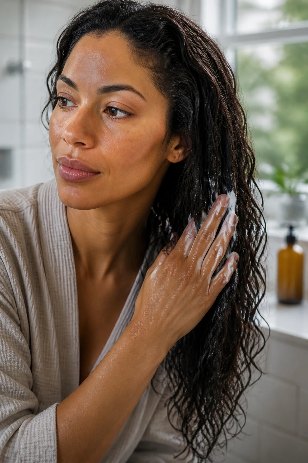 Person applying leave-in conditioner to damp wavy hair in bright bathroom