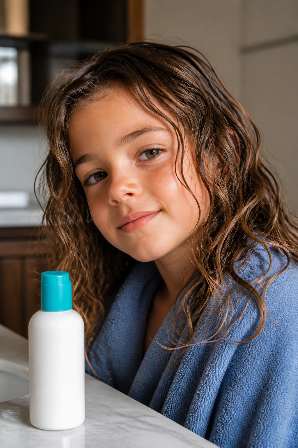 Child with damp wavy hair and plain bottle on counter