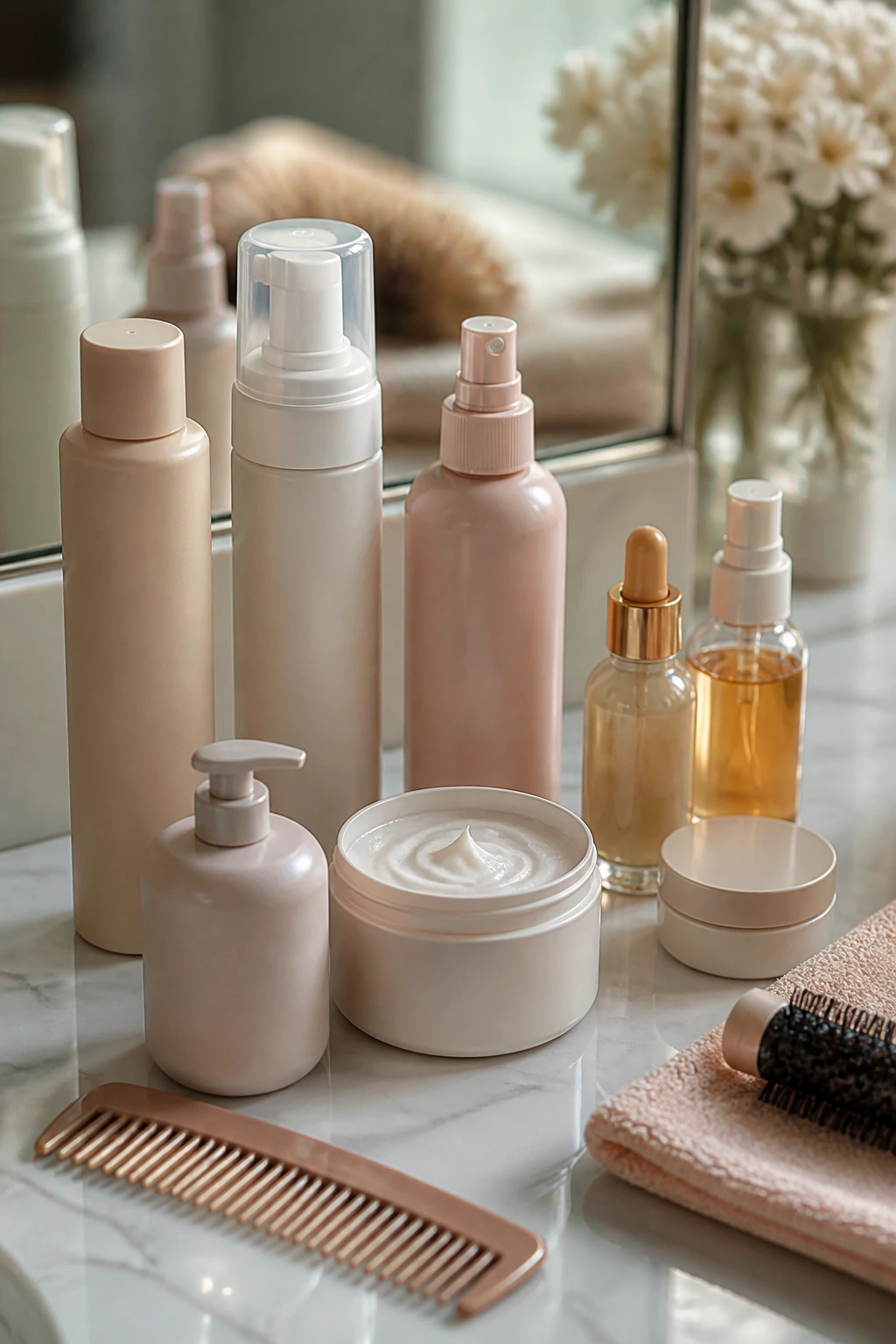 Unlabeled hair products arranged neatly for wavy hair care