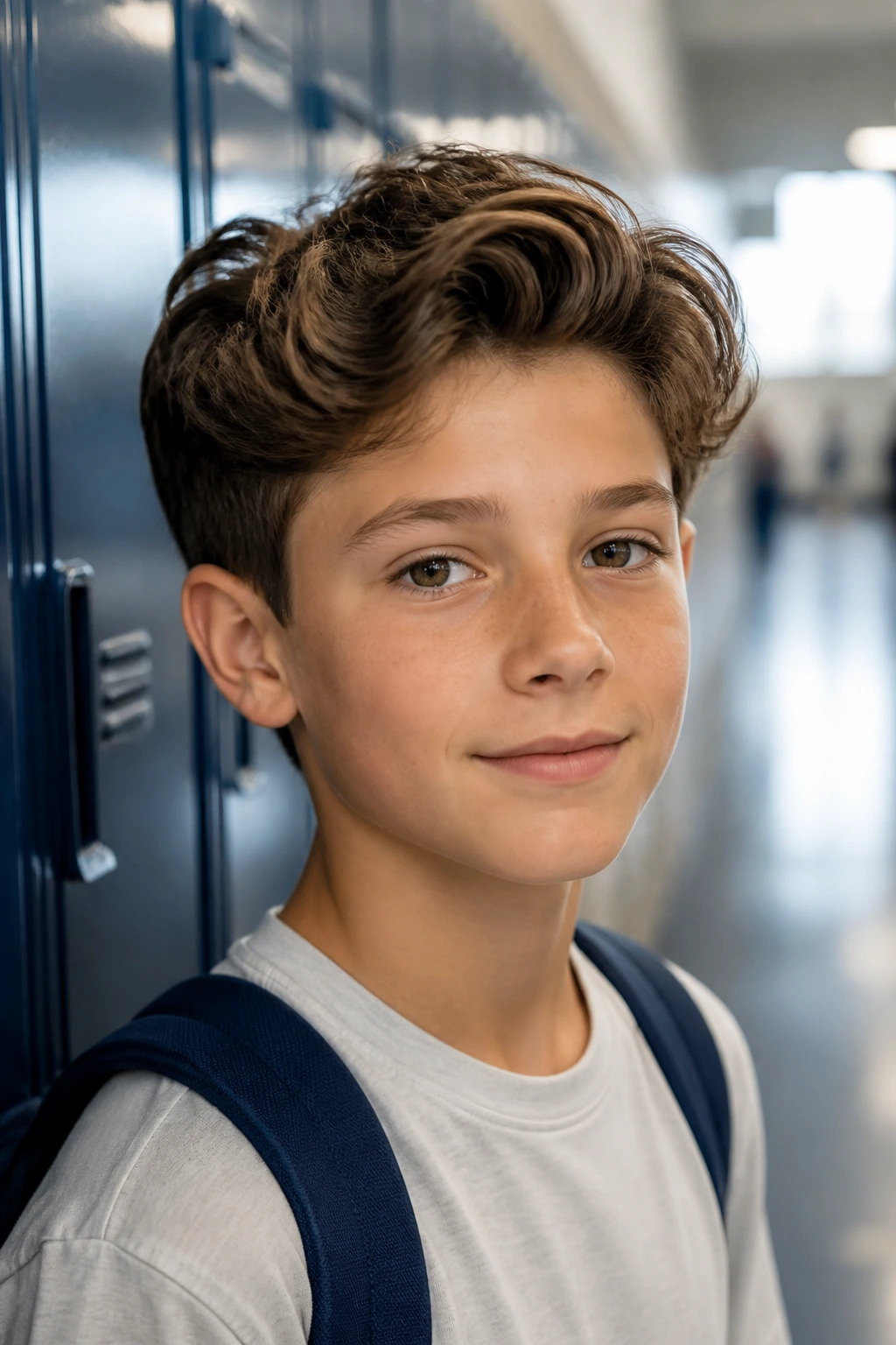 Boy with wavy hair portrait in school setting.