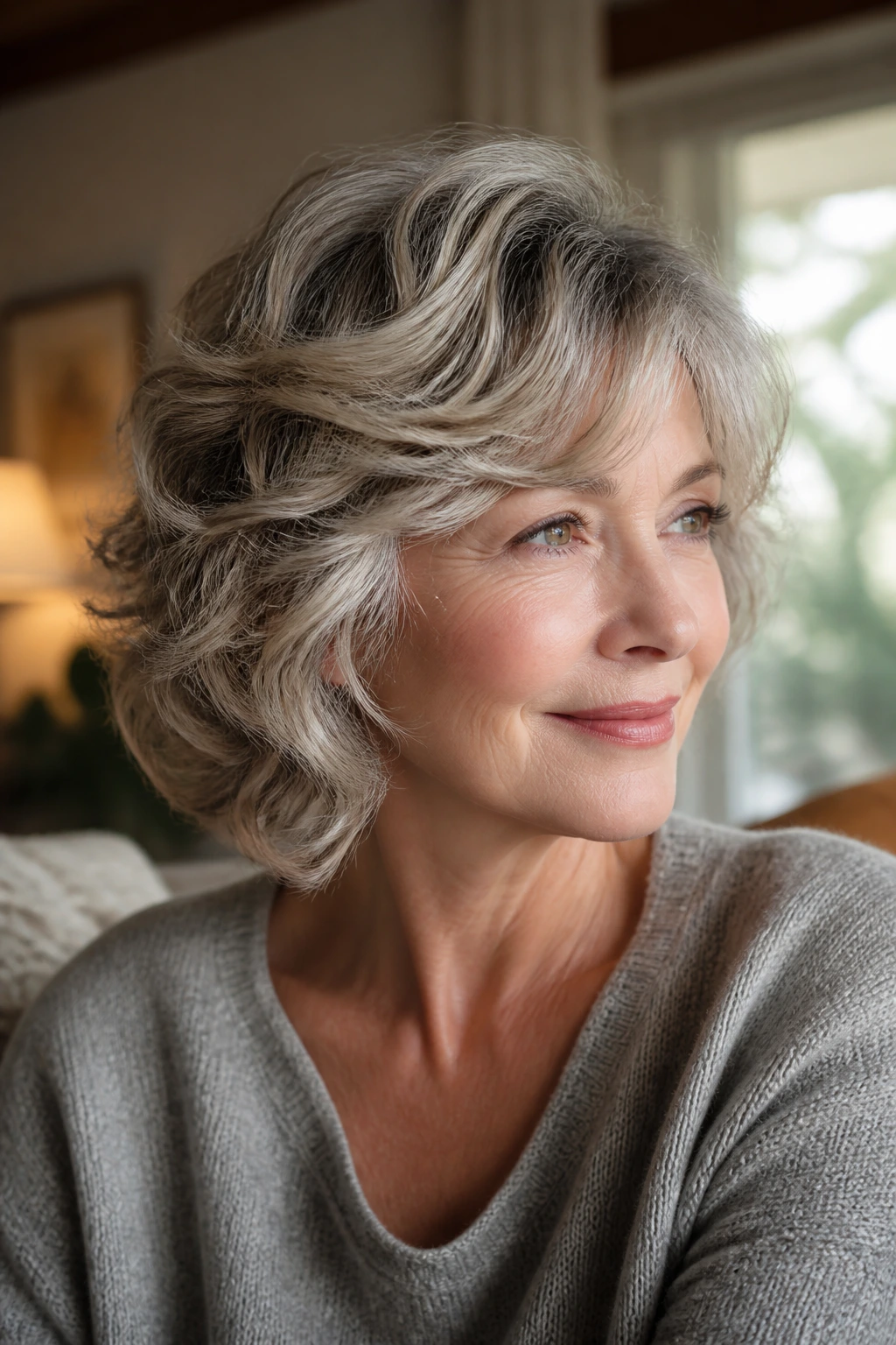 Close-up of an older woman with wavy hair showing weight distribution in her haircut