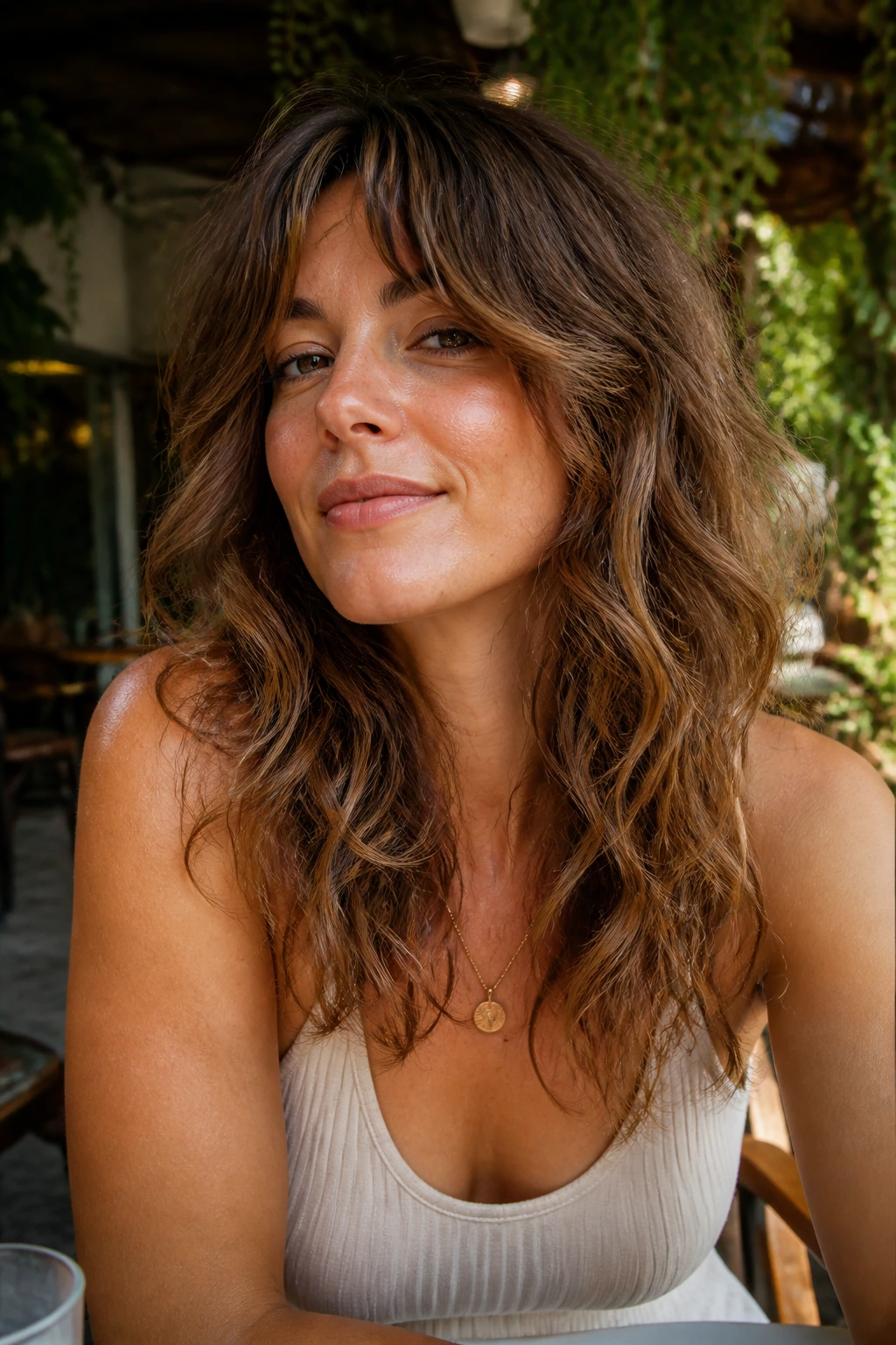 Close-up portrait of a real woman with wavy shag and airy ends