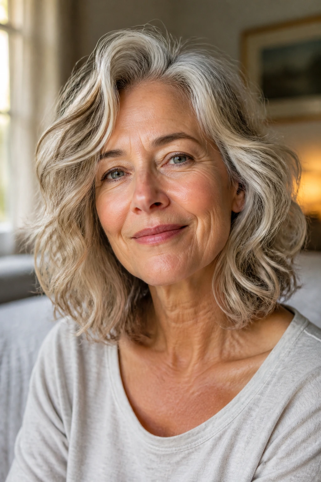 Close-up of real woman with shoulder-length wavy hair showing natural bends