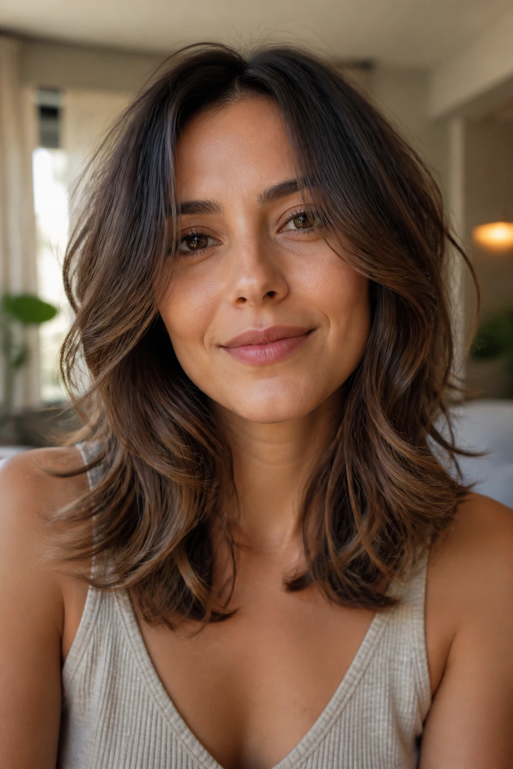 Close-up portrait of a real woman with a wavy medium cut and tapered ends around the cheeks