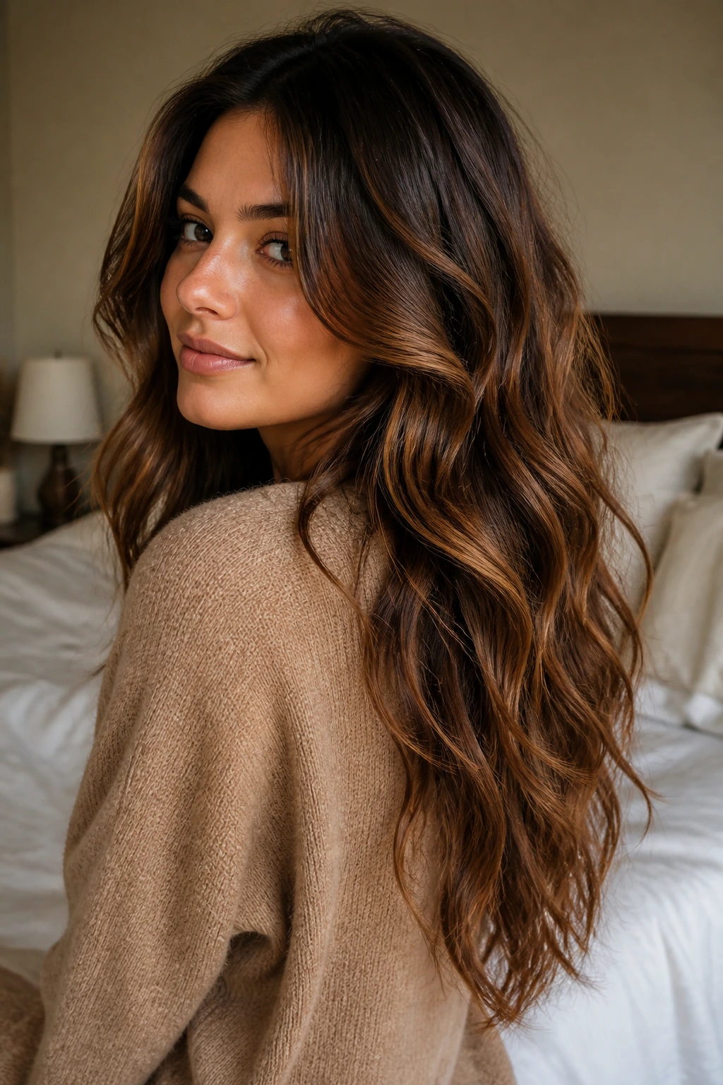 Close-up portrait of a real woman with thick wavy hair and toffee ribbons in warm light