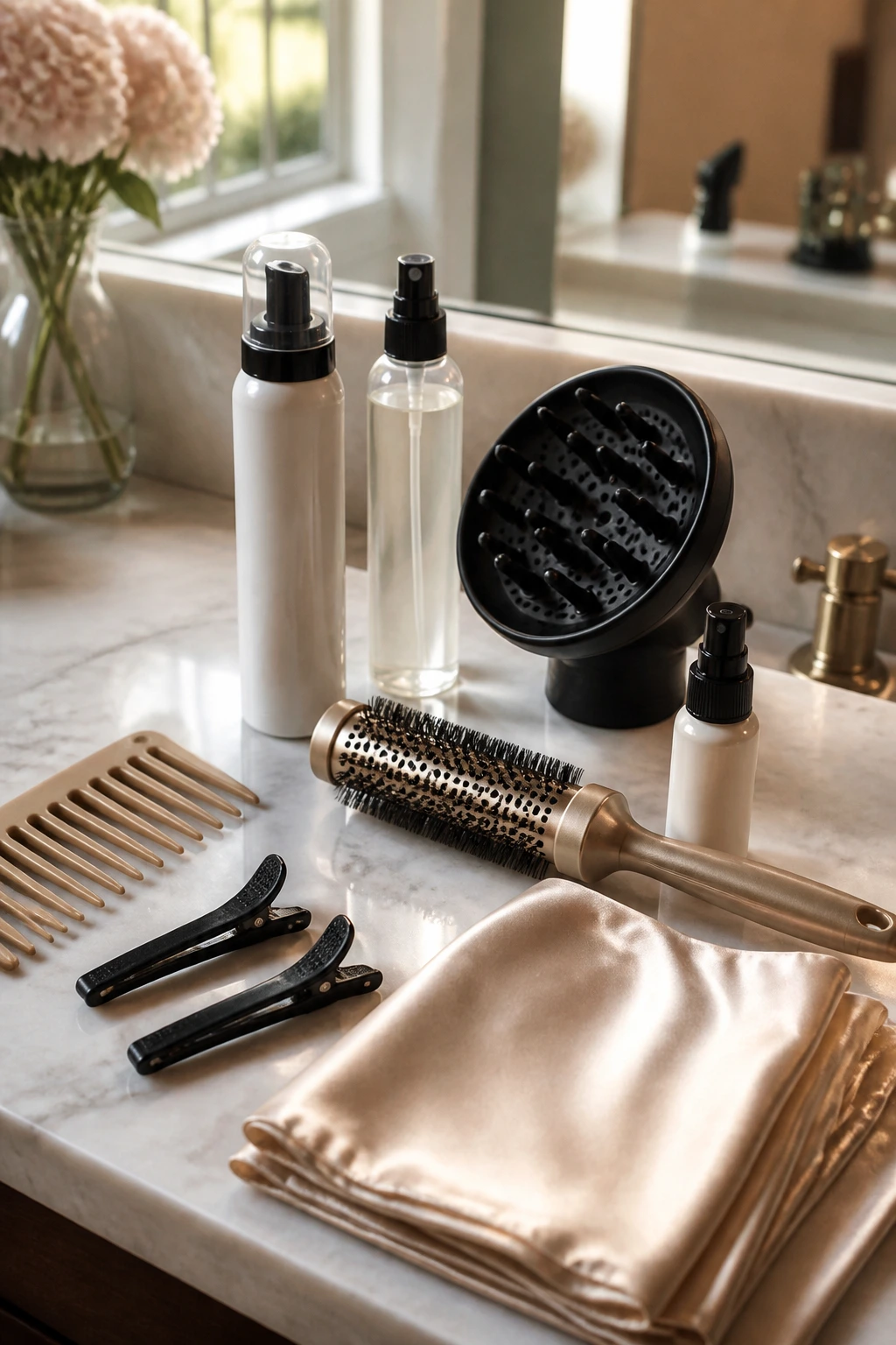 Close-up of essential wavy-hair styling tools on a vanity