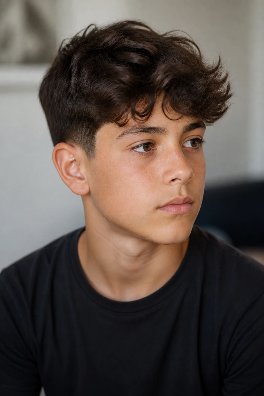 Boy with wavy hair showing variations in length and layering.