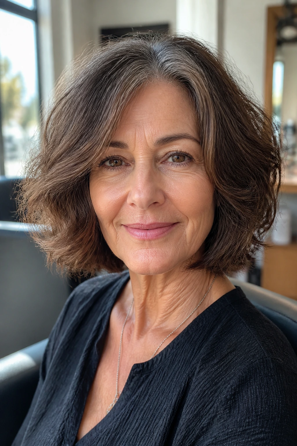 Close-up portrait of a real woman with a wavy internal-layer bob in a sunlit salon
