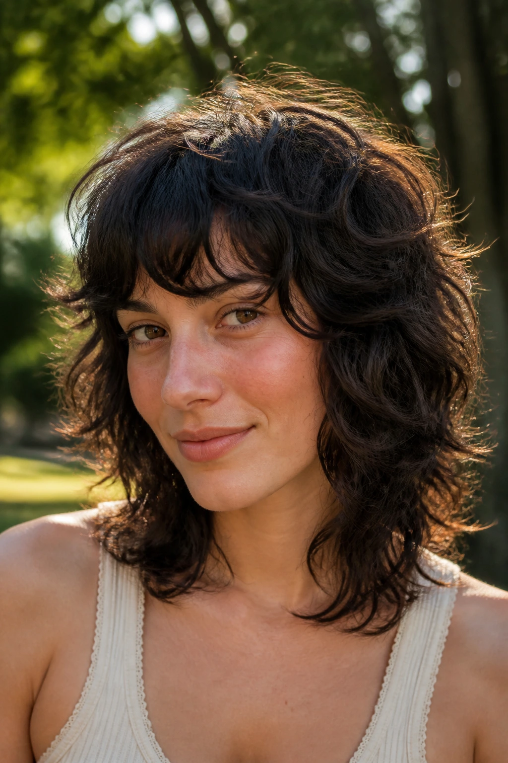Close-up of a real person with wavy internal-layer shag on thick hair
