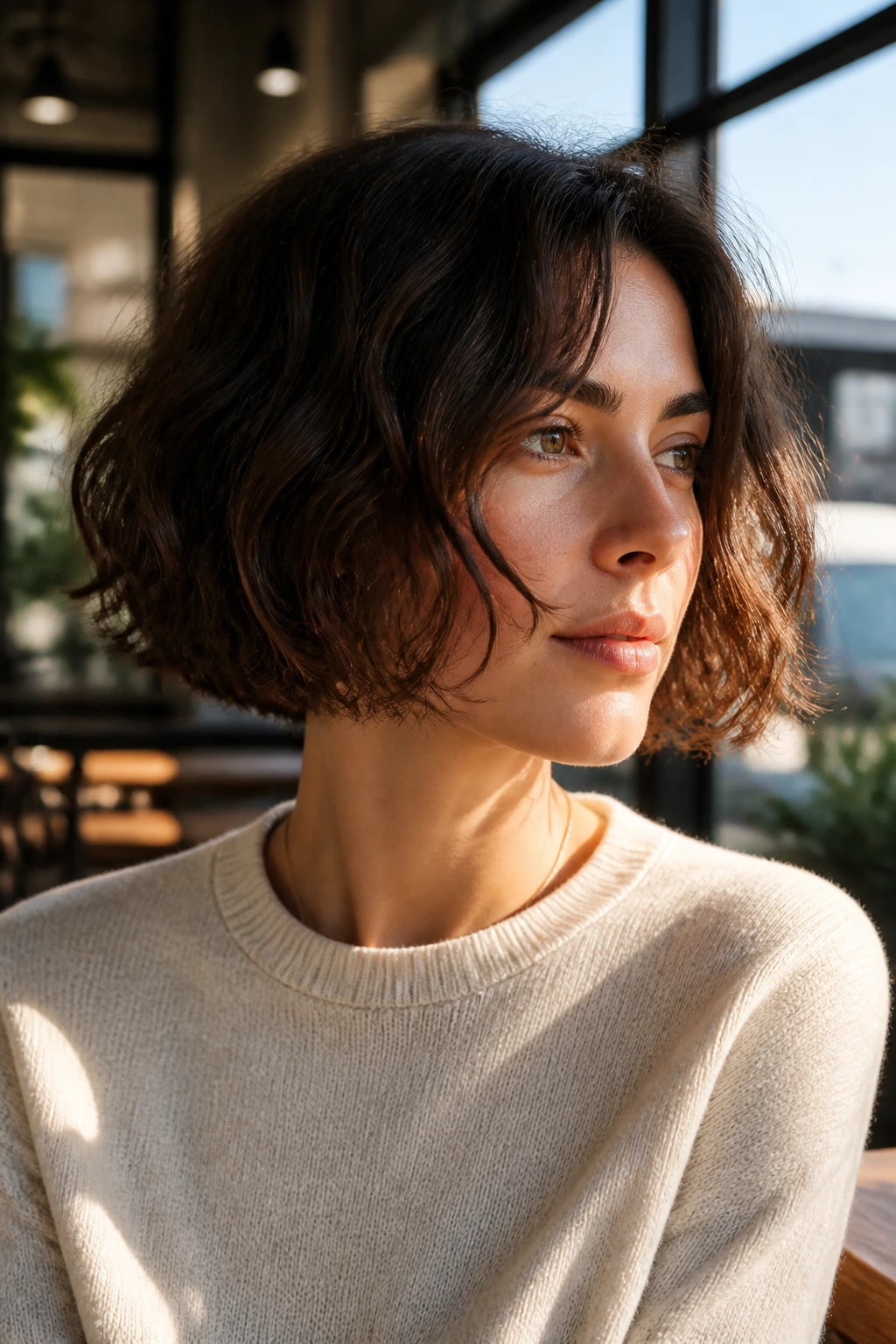 Portrait of a woman with a wavy chin-length Italian bob