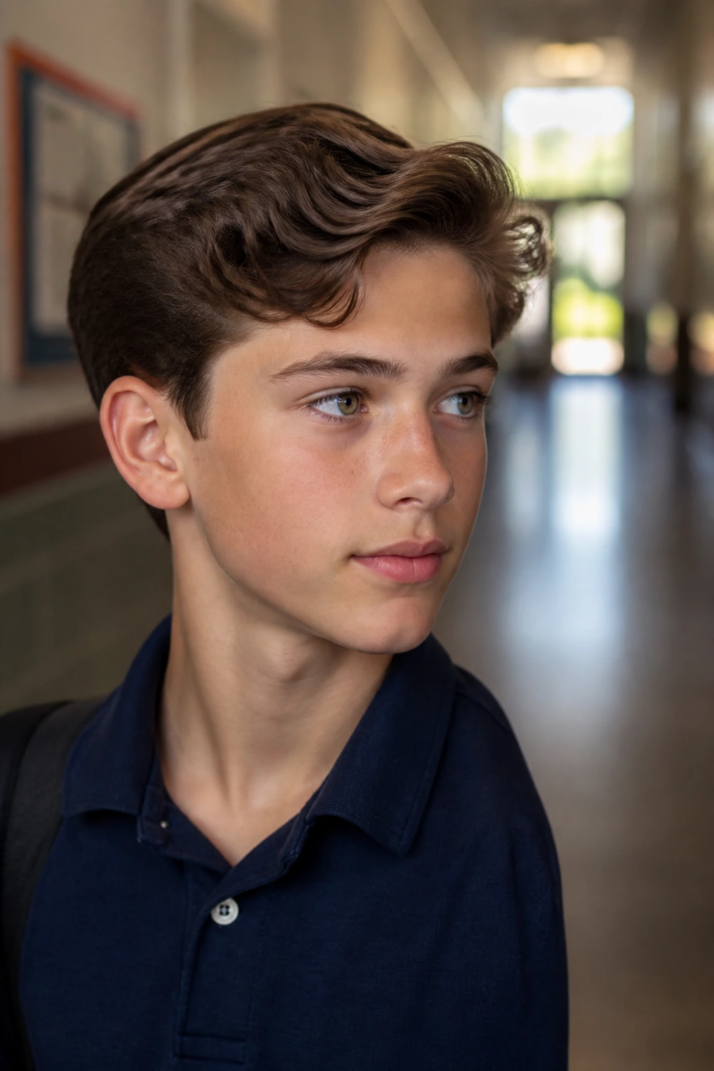 Portrait of a boy with a neat wavy Ivy League cut in a school setting