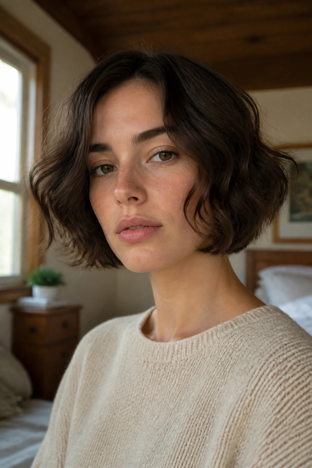 Close-up of a young woman with a jaw-length wavy bob, showing fullness in fine hair under natural window light