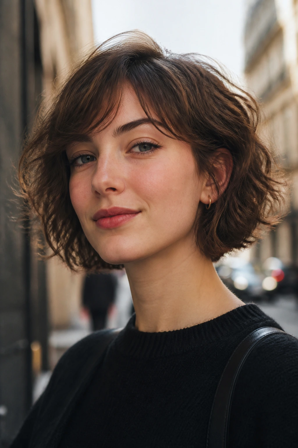 Close-up portrait of a real woman with wavy jaw-brush shag at jaw-length