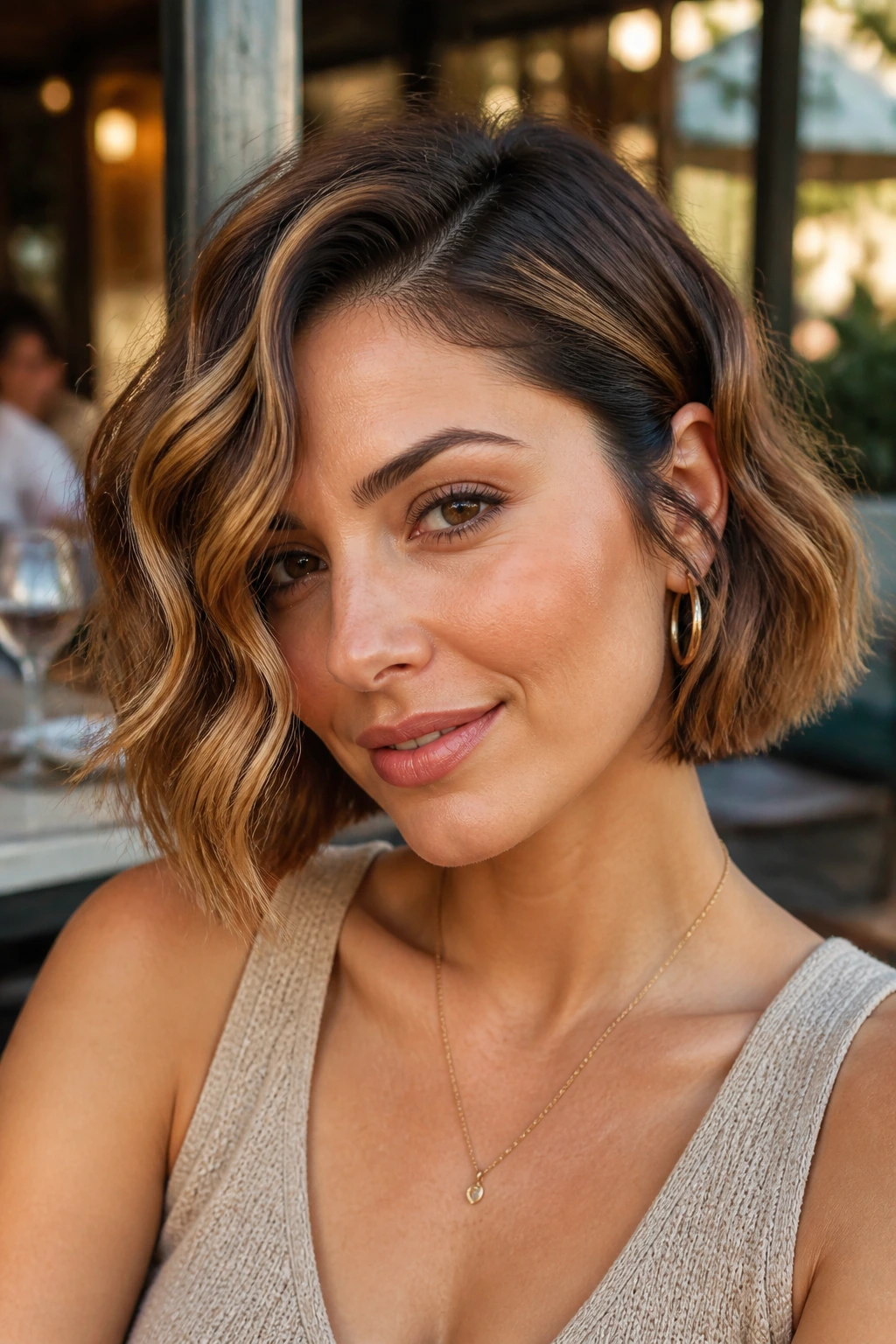 Real woman with wavy jawline bob and deep side part with caramel highlights.