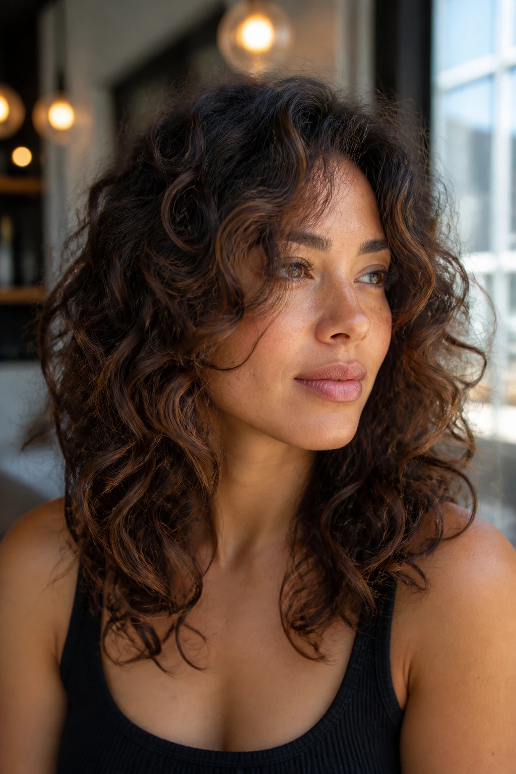 Close-up of a real woman with wavy layers on curly-textured hair showing extended face frame.