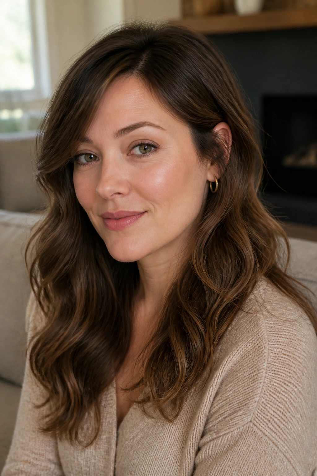 Close-up of a real person with wavy layers tucked behind the ear