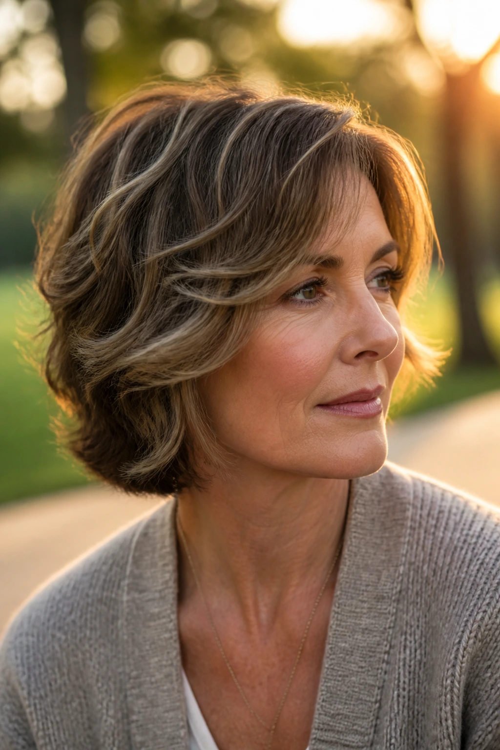 Real woman with wavy internal layers framing her face