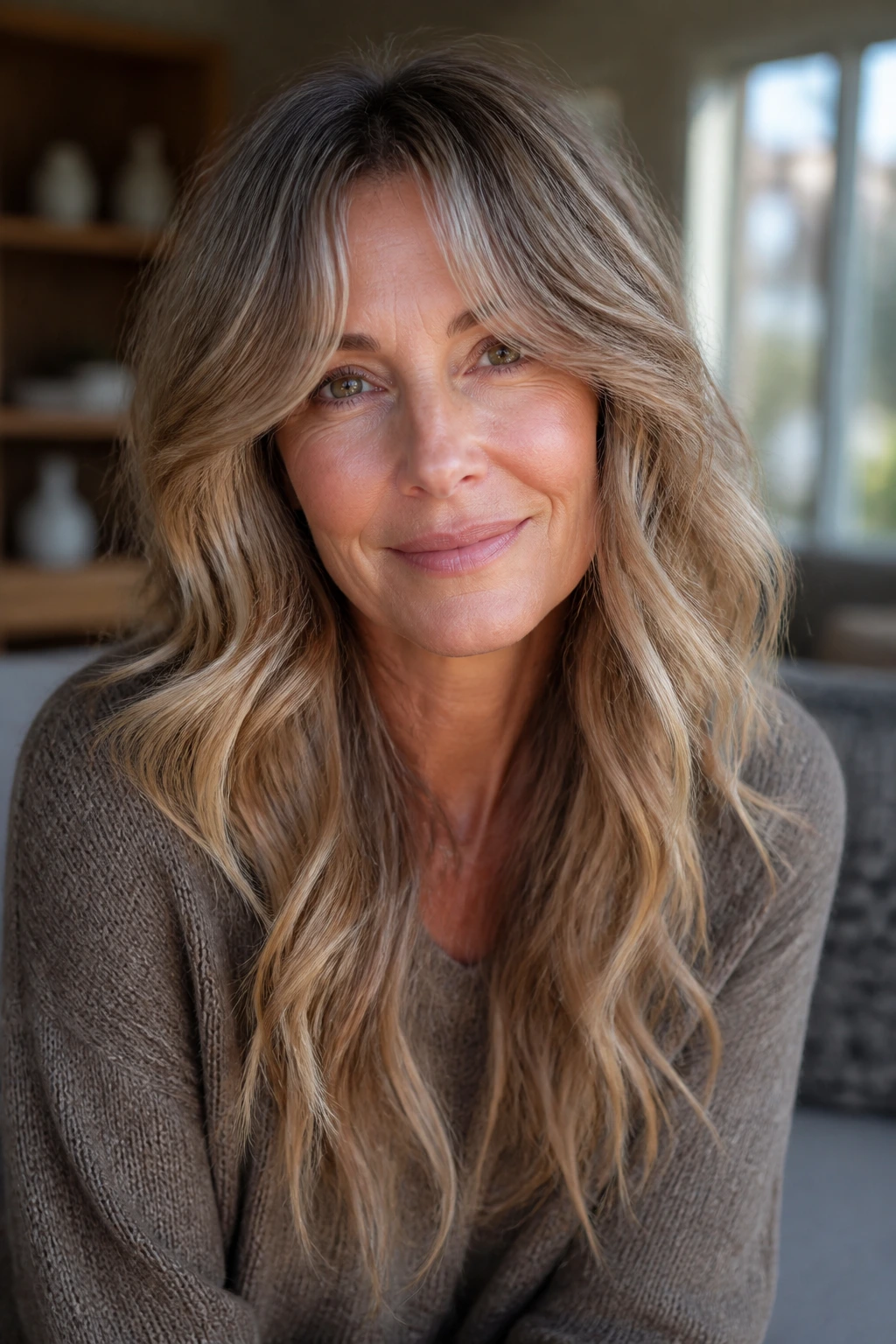 Real woman with wavy layers and split fringe in close-up.