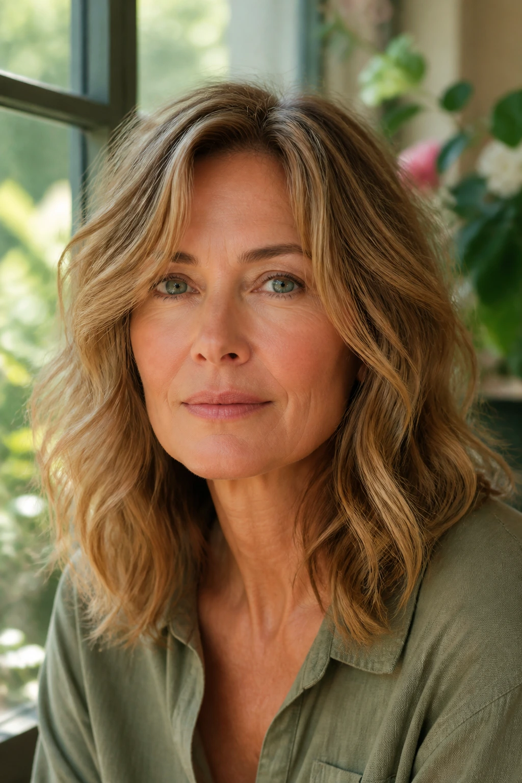 Close-up portrait of a woman with diagonal wavy layers framing a square jaw