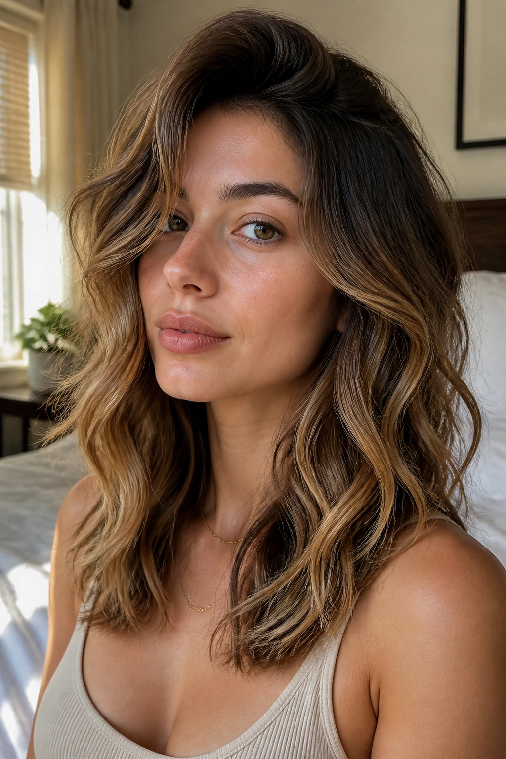 Real person with lifted roots and controlled ends in wavy layered hair.