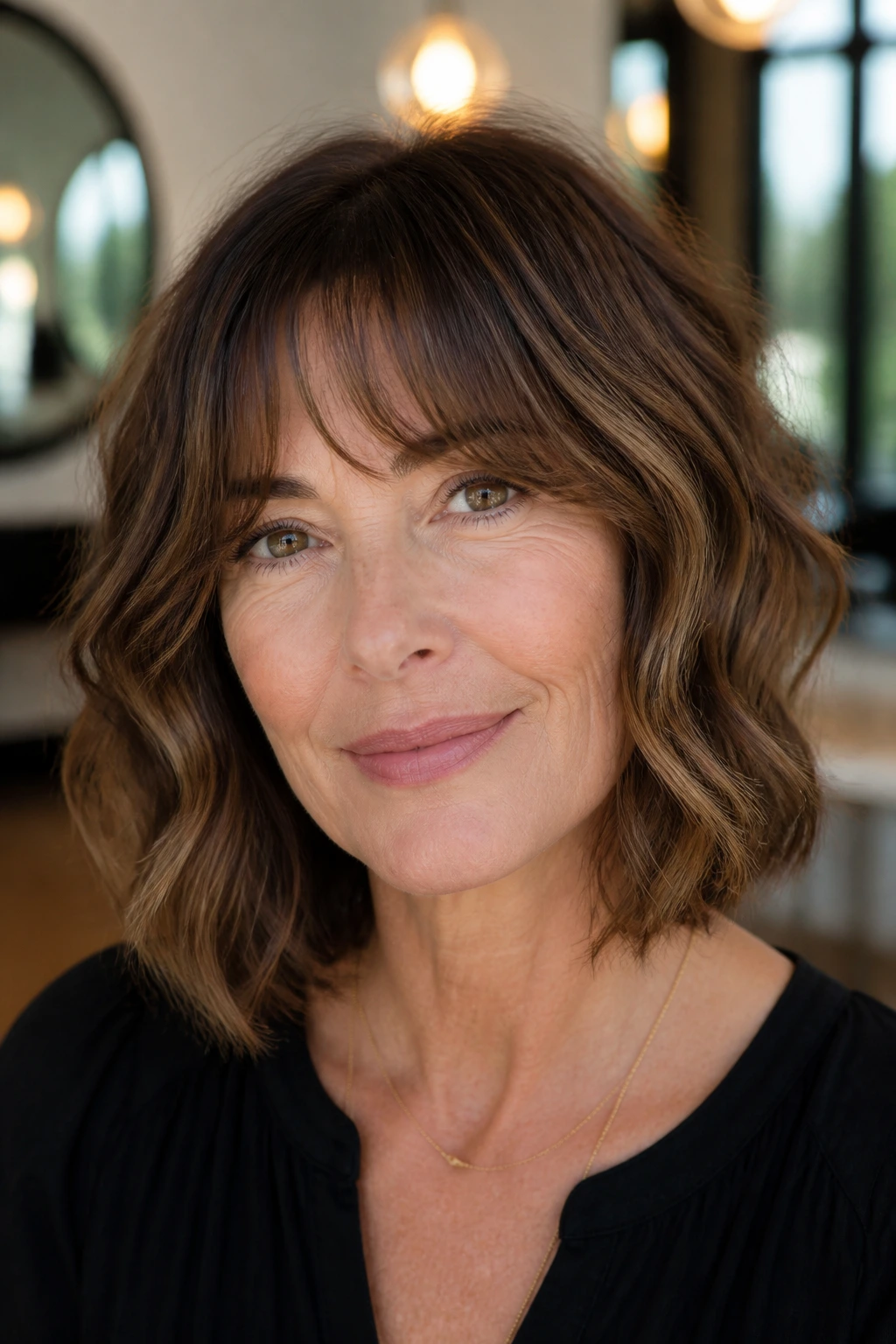 Close-up portrait of a real woman with a wavy lob and arched fringe, soft waves and lift