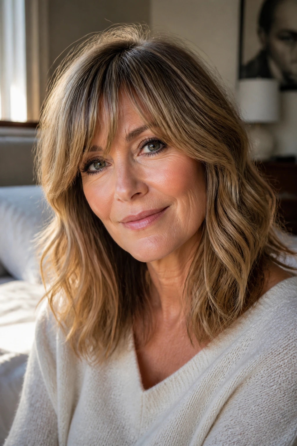 Close-up of a real woman with a wavy lob and long layered bangs in warm window light.