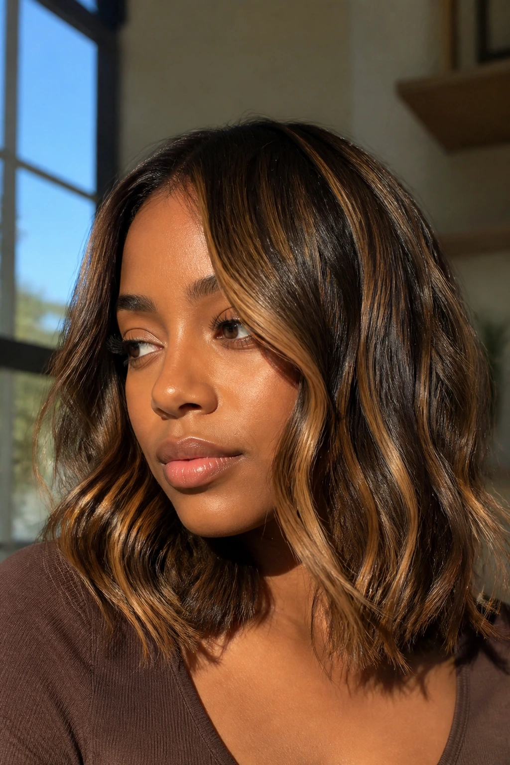 Real woman with a wavy lob and buttery caramel slices under warm natural light