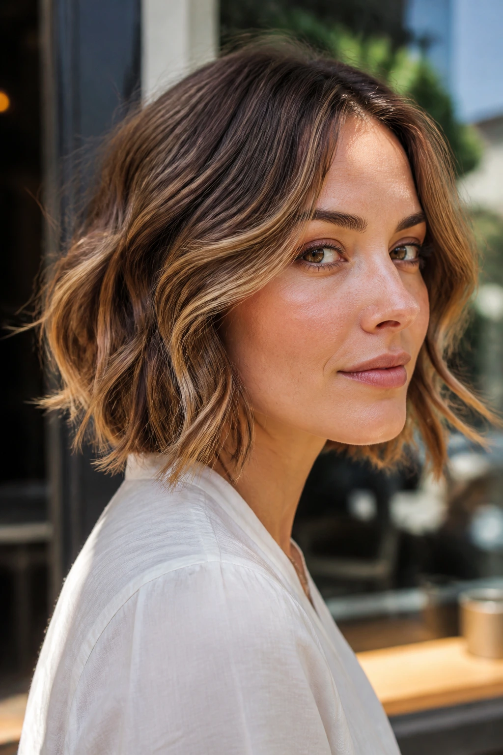 Close-up of a real woman with a wavy lob at jaw length and caramel highlights on the waves