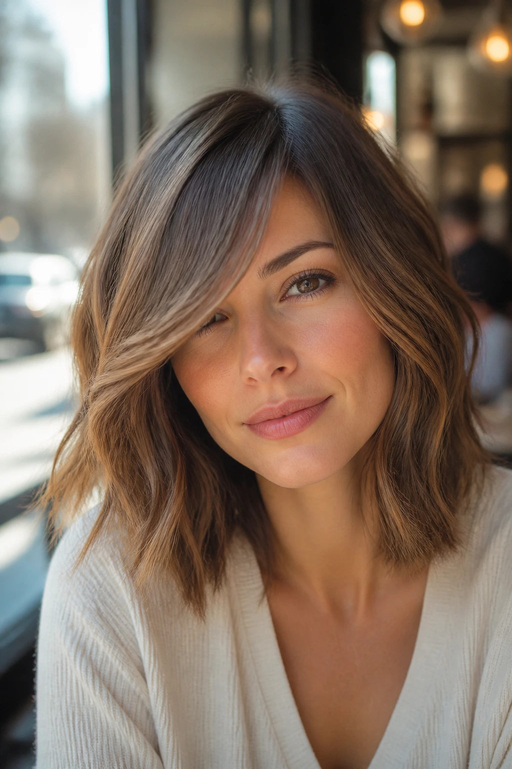 Wavy lob with cheekbone sweep on a real woman