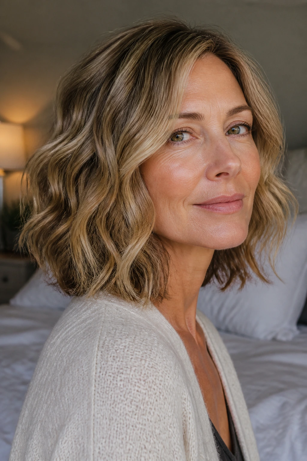 Real woman with collarbone-length wavy lob and day-two texture