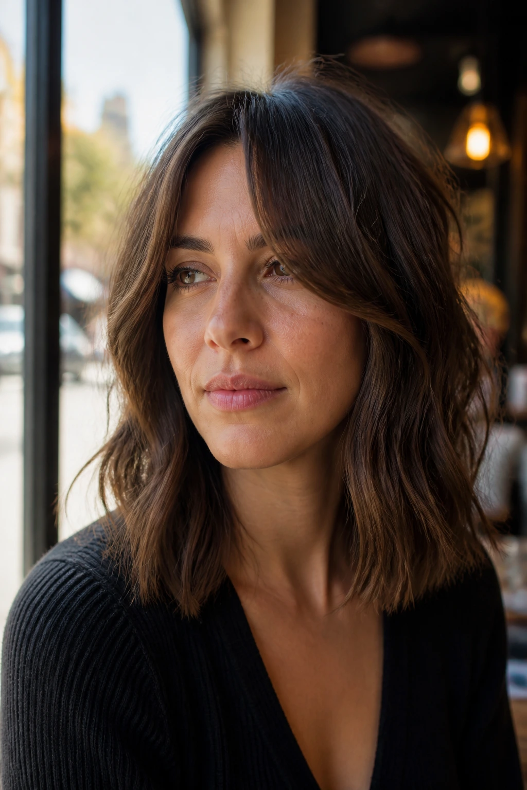 Portrait of a real woman with a wavy lob and long curtain fringe in sunlit cafe setting