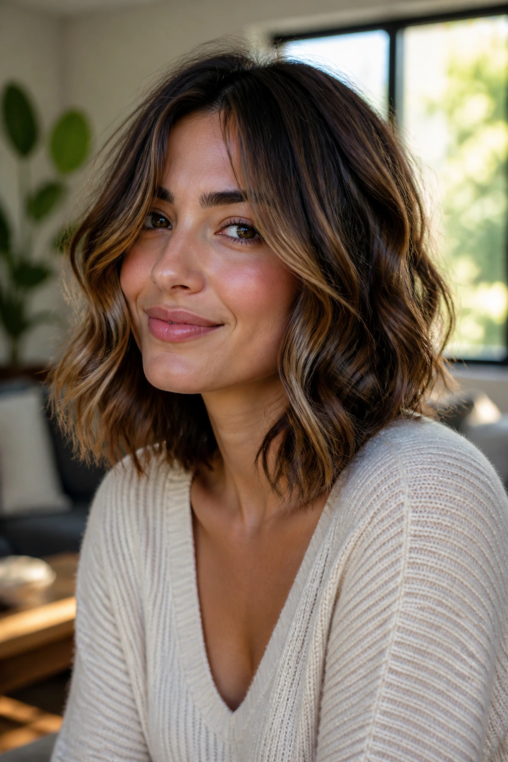 Close-up portrait of a woman with a wavy lob and face-framing layers under natural window light