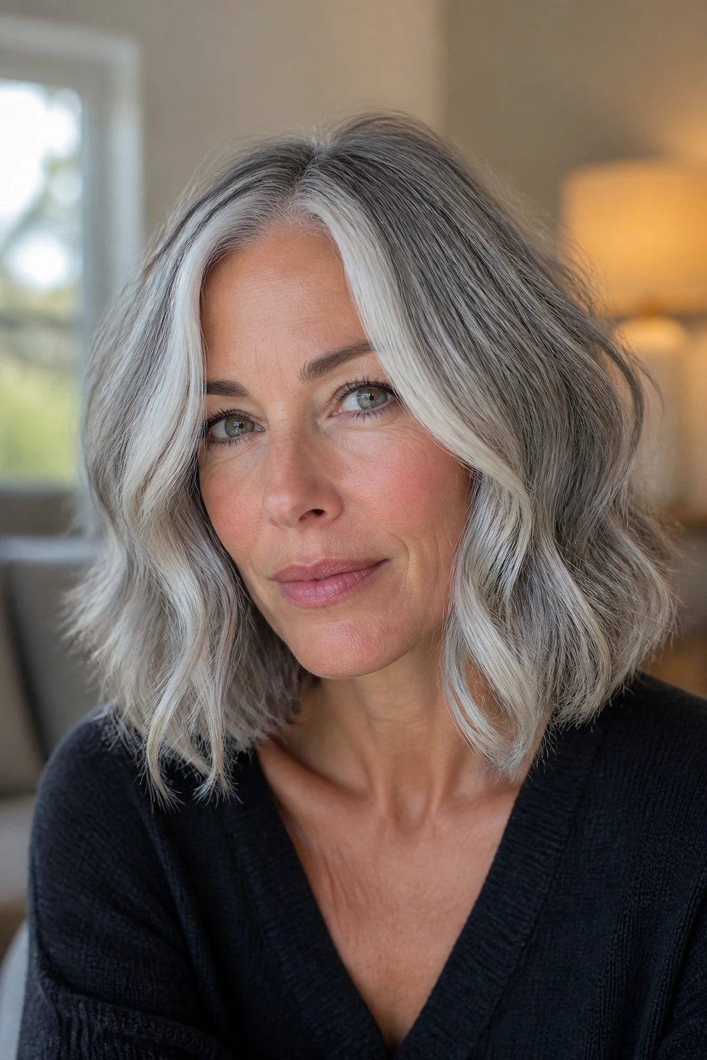 Woman with wavy silver lob and frosted money piece by window light