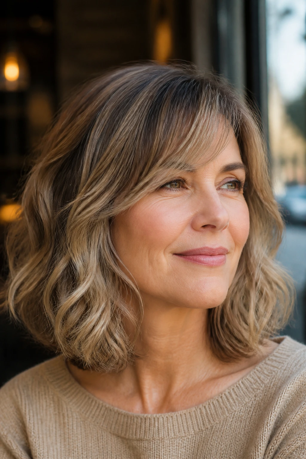 Close-up of a real woman with a wavy lob and side-swept bangs in cafe light.
