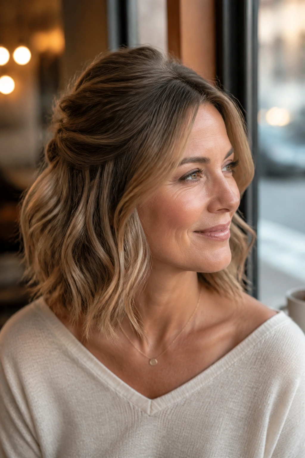 Close-up of a real woman with a wavy lob half-up hairstyle