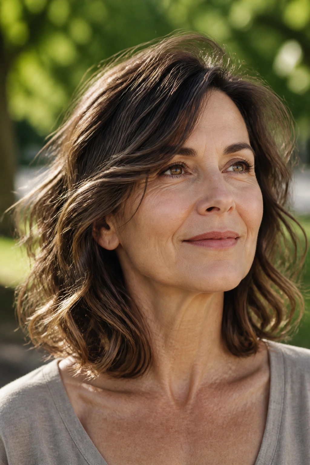 Close-up portrait of a real woman over 40 with a wavy lob and hidden layers outdoors