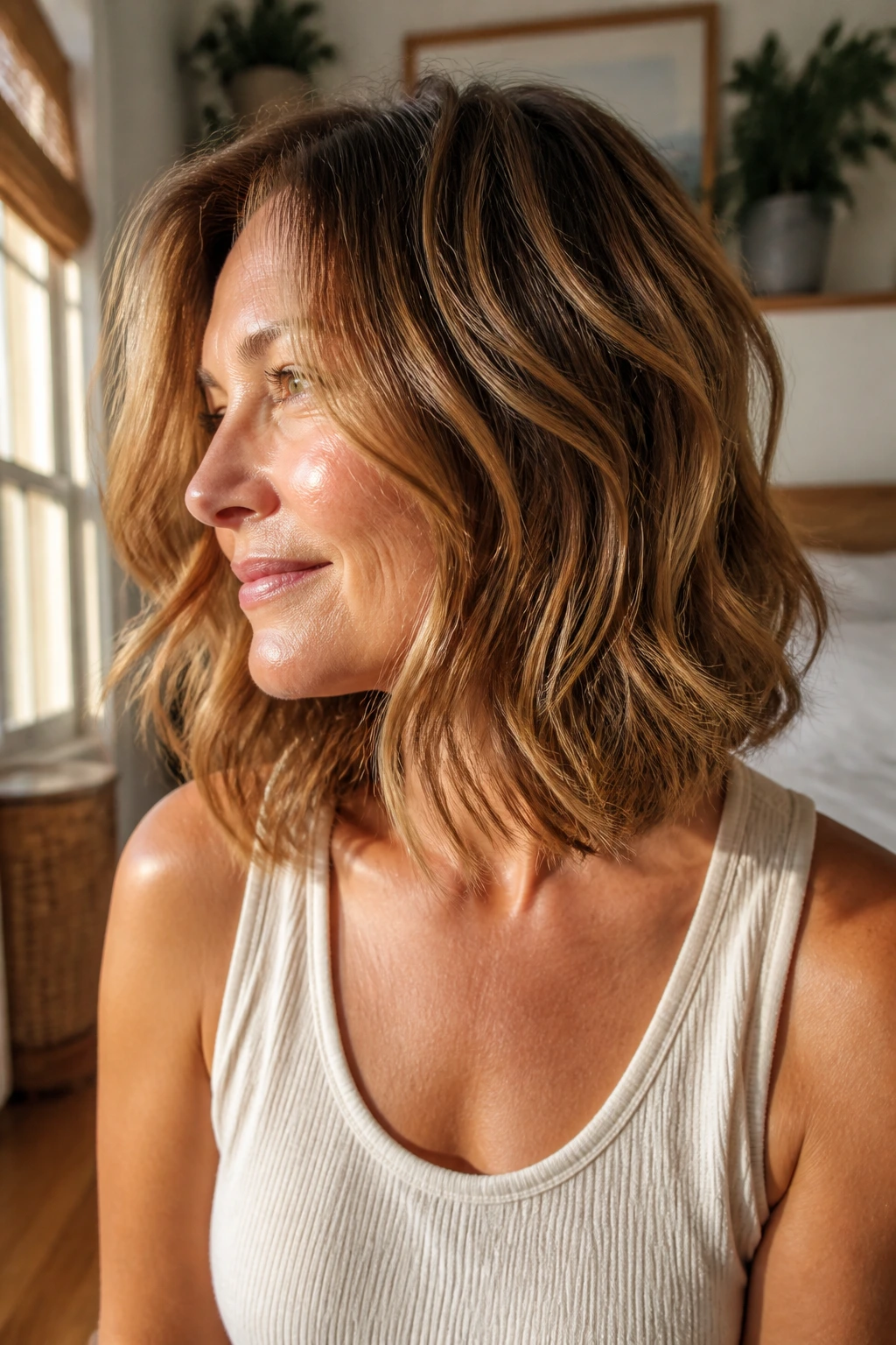 Close-up portrait of a real woman with a wavy lob and internal layers in natural window light