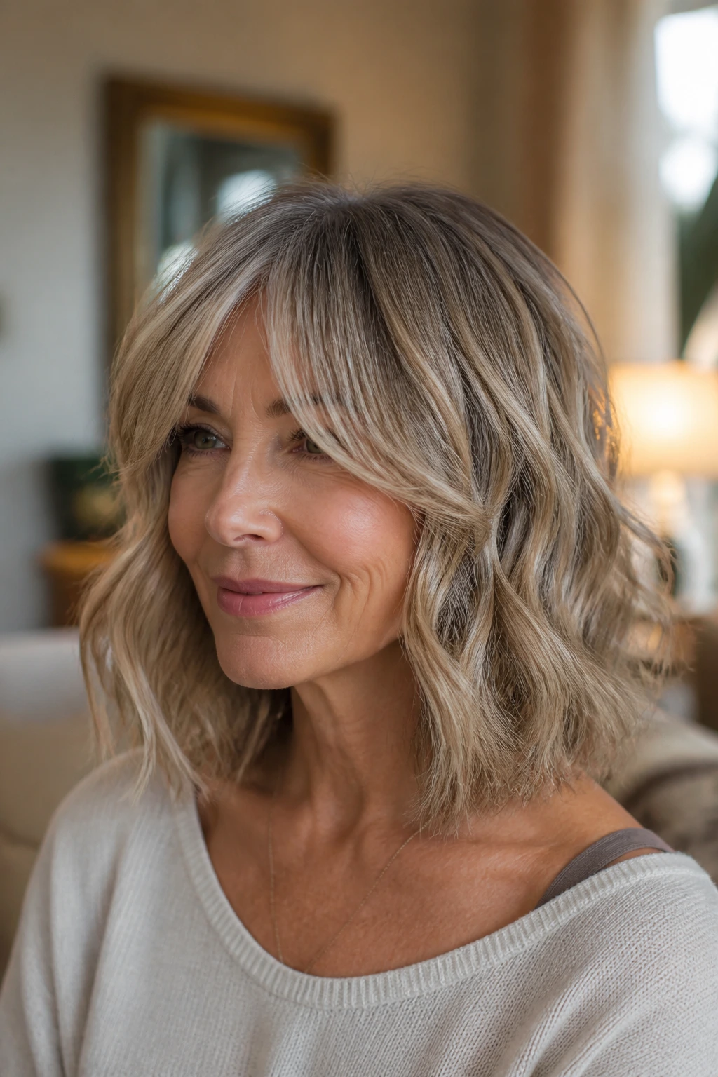 Close-up portrait of a real woman with a wavy lob and invisible layers