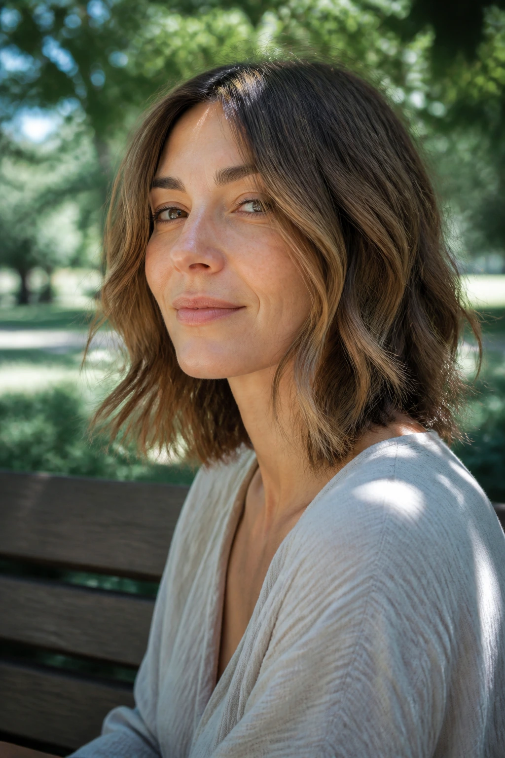 Close-up of a real woman with a wavy lob and invisible layers.