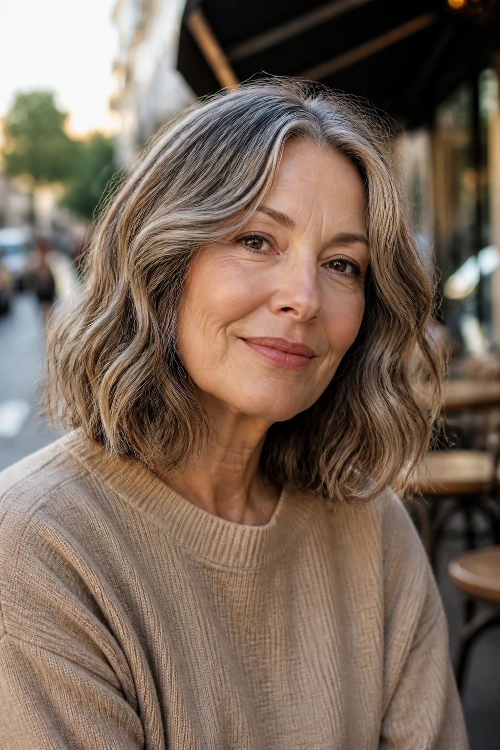 Close-up of a real woman with a wavy lob and invisible layers in natural daylight.