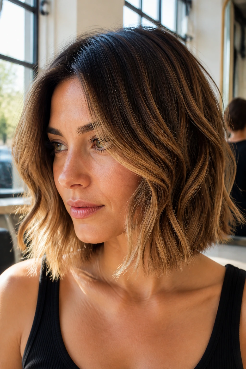 Real woman with a wavy lob and invisible layers captured in natural light.