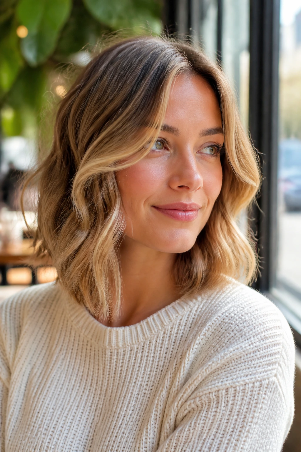 Real woman with a wavy lob and invisible layers