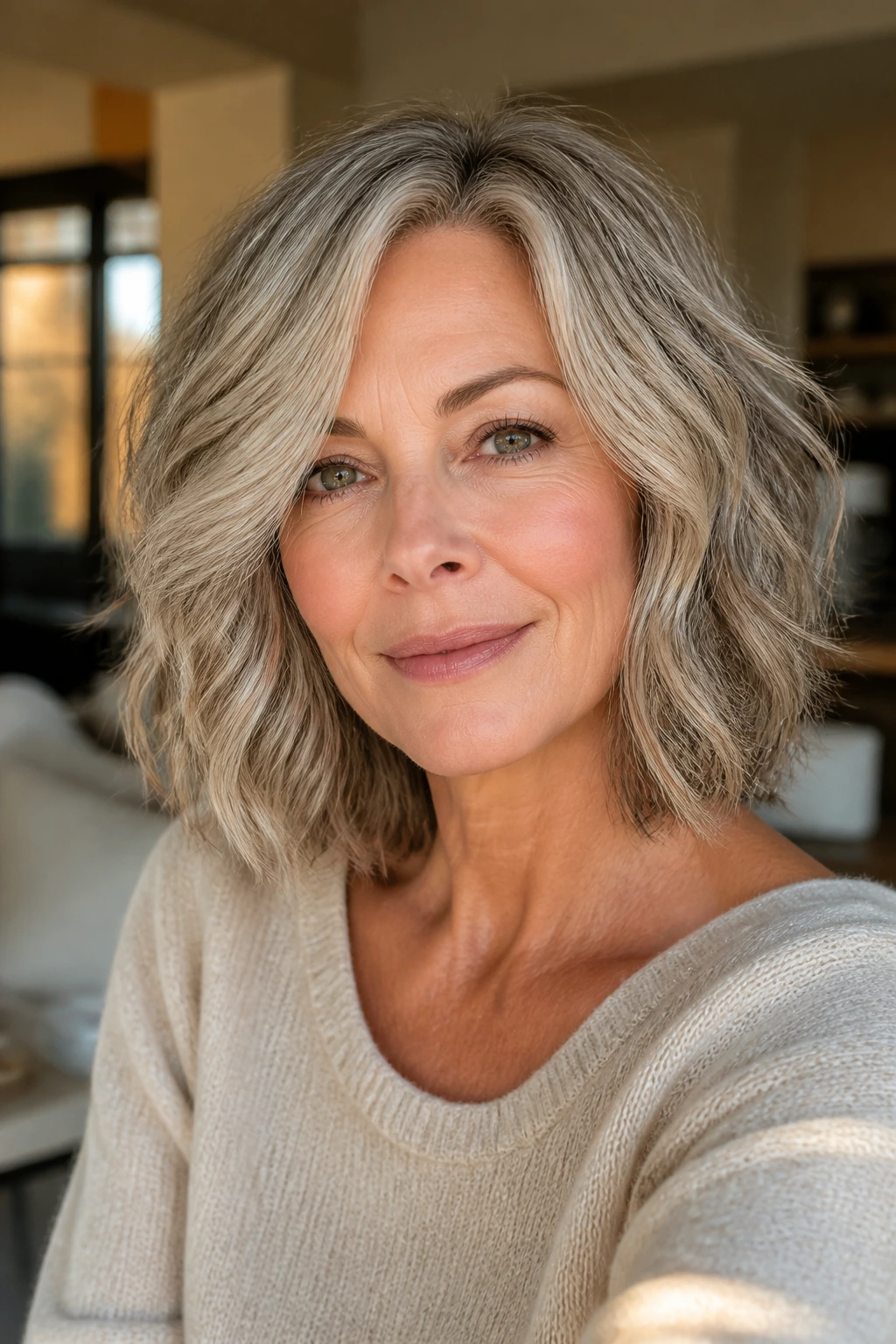 Close-up of a real woman with a shoulder-length wavy lob showing invisible layers