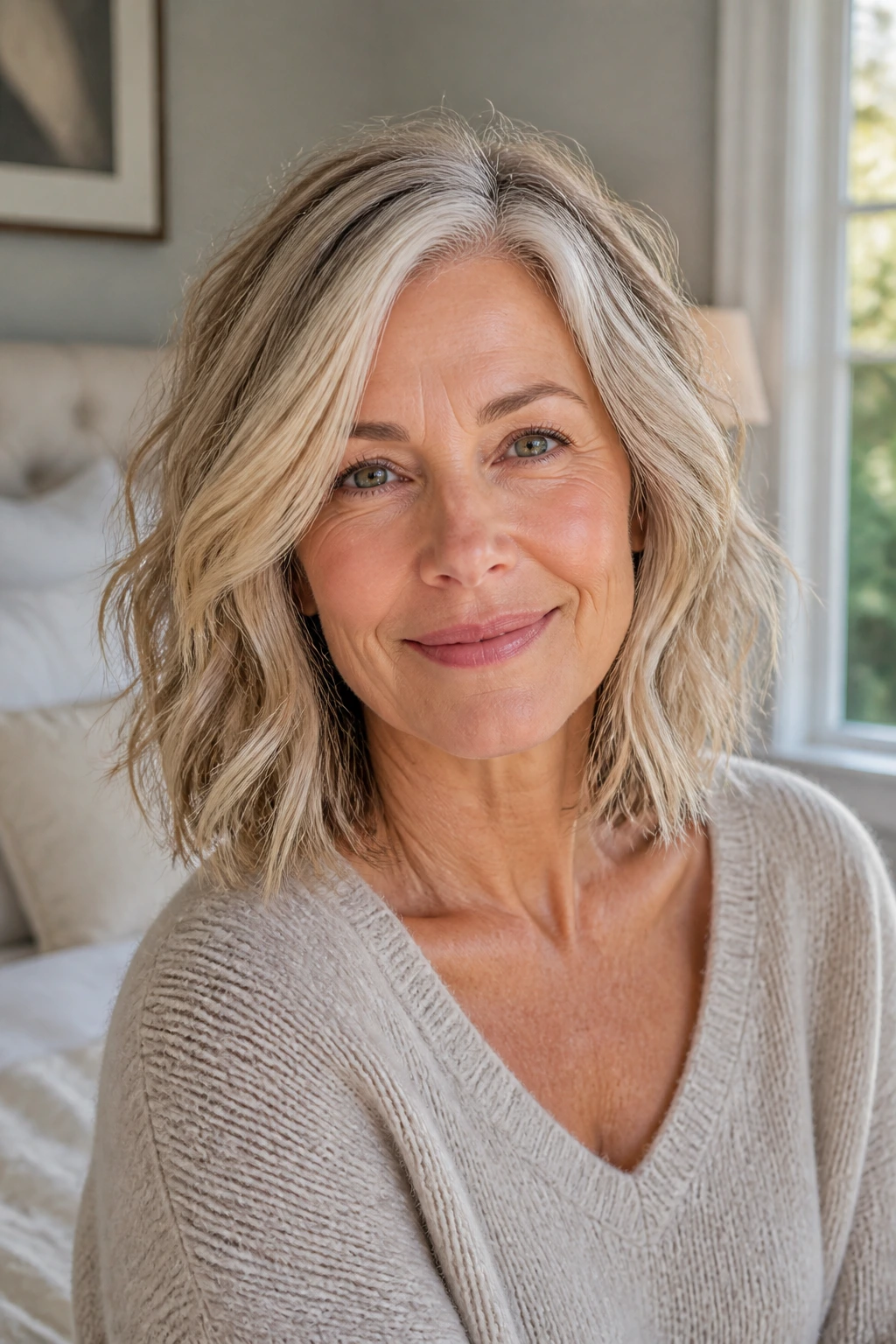 Close-up portrait of a real woman with a Wavy Lob showing invisible interior layers in warm window light.