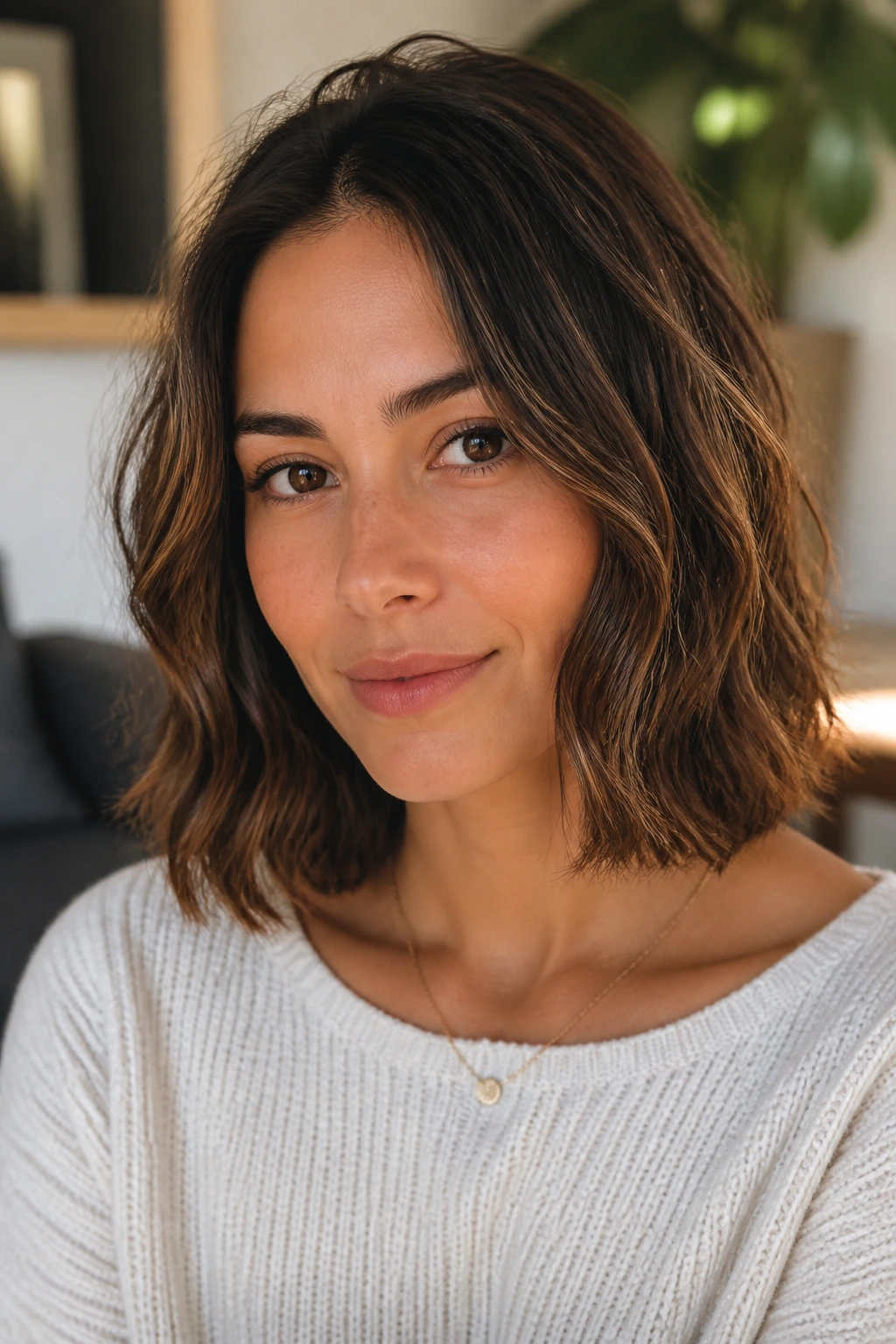 Close-up portrait of a real woman with a wavy lob and minimal layers