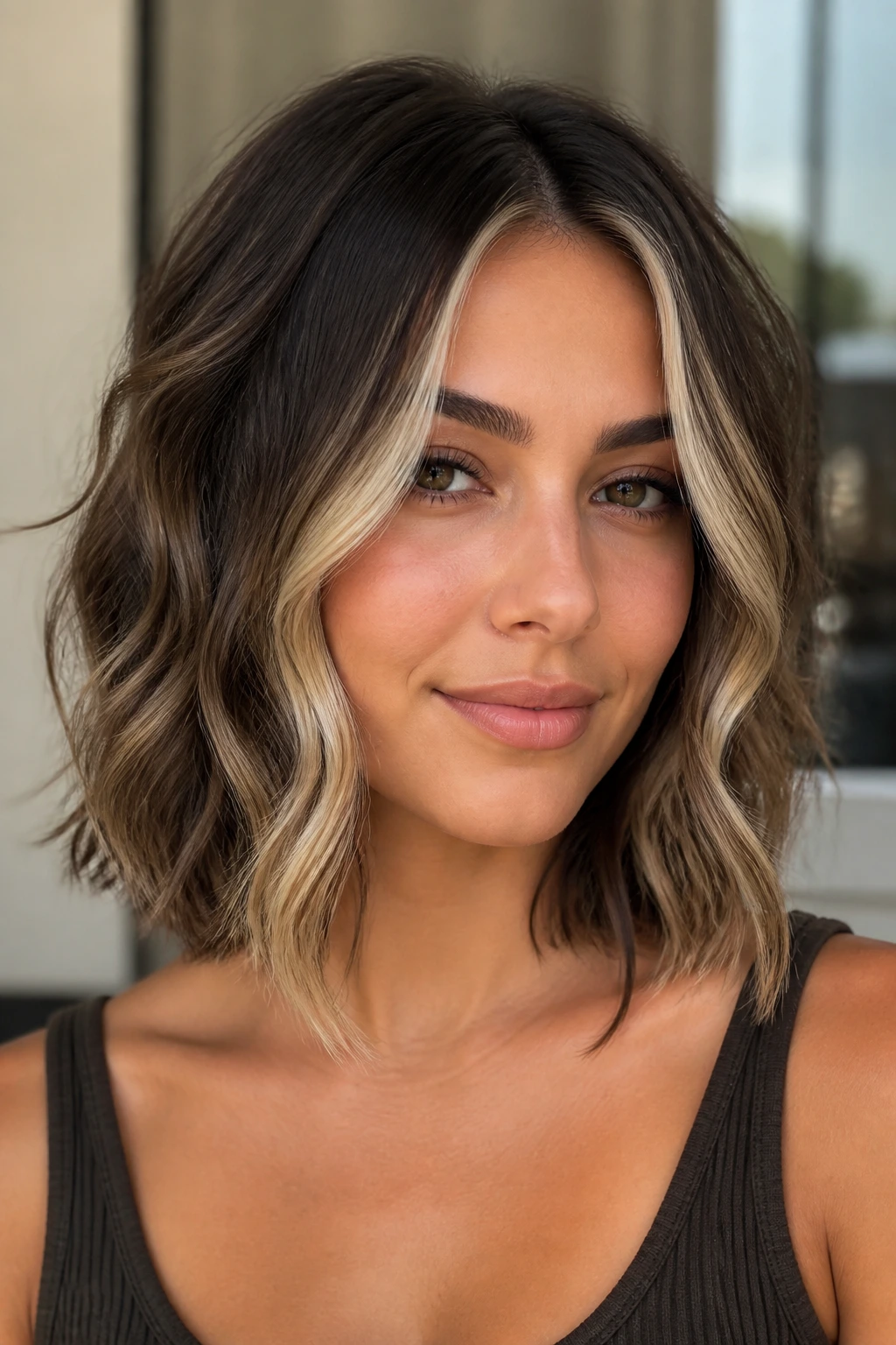 Real woman with money-piece highlights around face on a wavy lob.