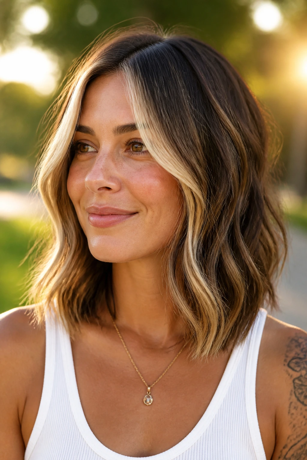 Portrait of a real woman with a wavy lob and brighter money pieces framing the face.