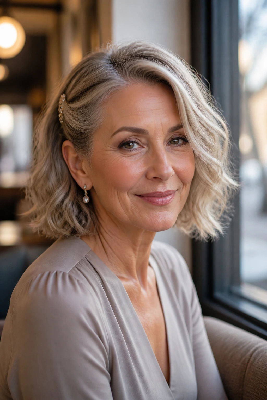 Portrait of a real woman with a wavy lob and one-side tuck