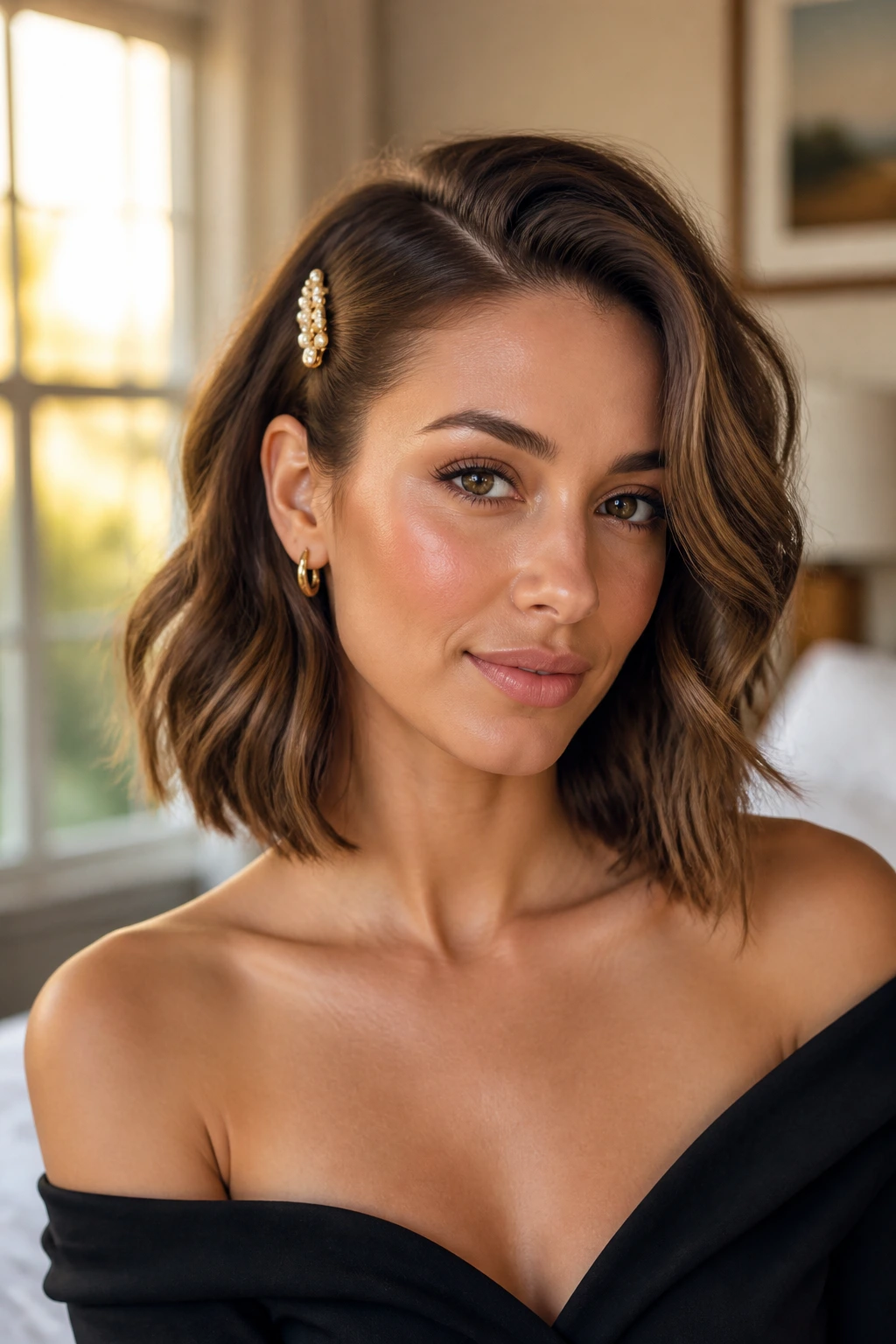 Close-up of a real woman with a wavy lob pinned on one side under natural window light